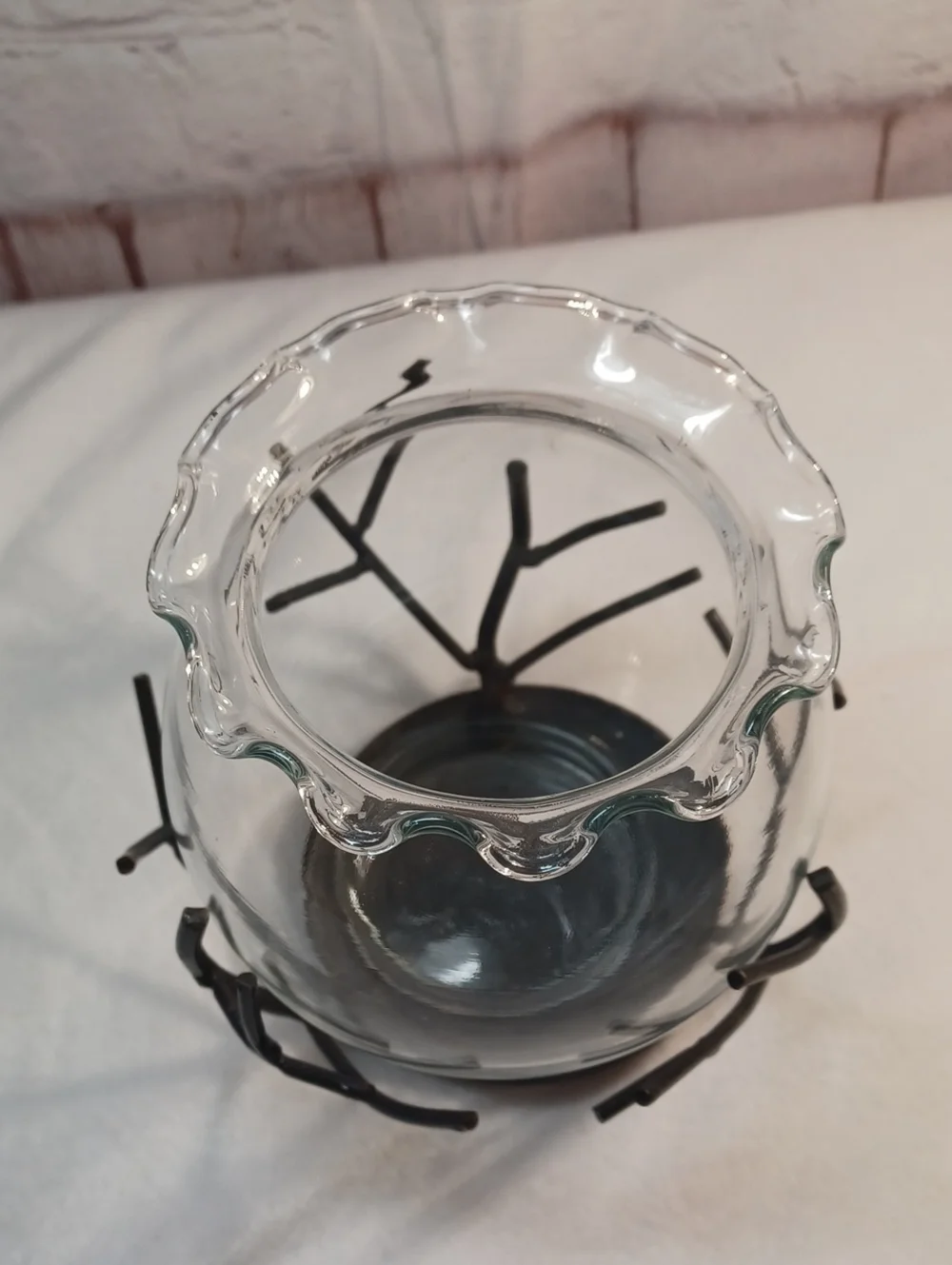 Clear Ruffled Glass Hurricane Vase with Metal Twig Stand